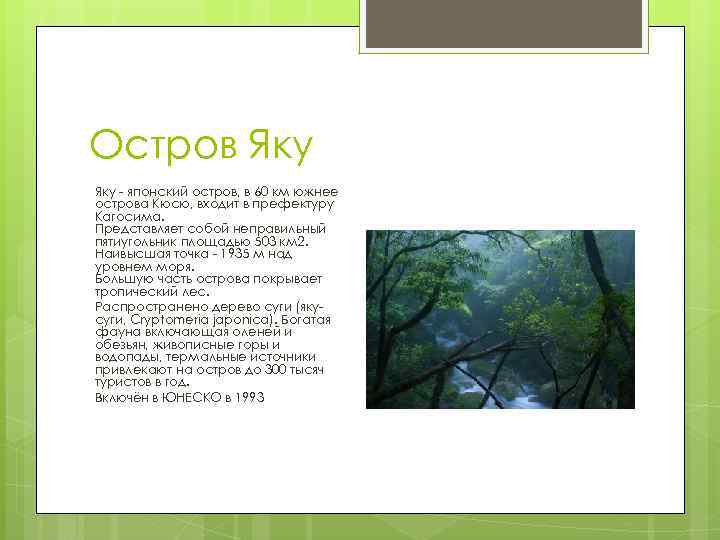 Остров Яку - японский остров, в 60 км южнее острова Кюсю, входит в префектуру