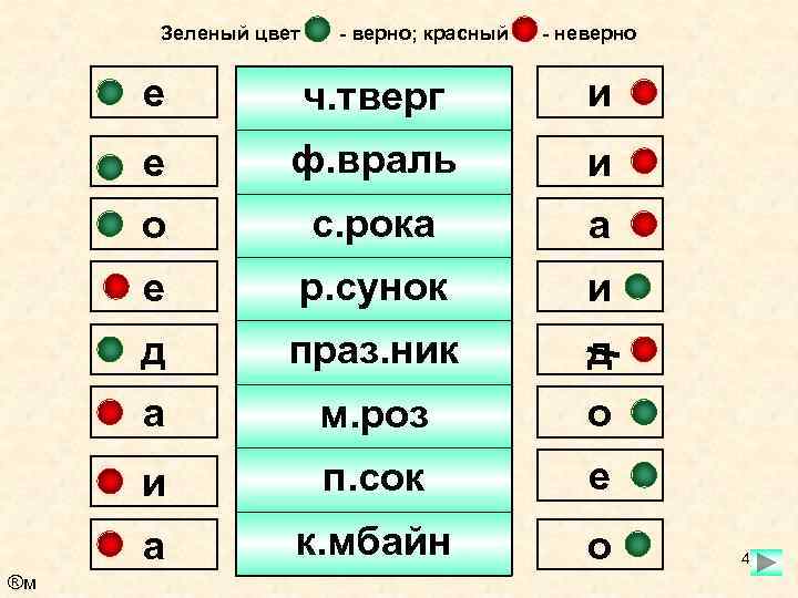 Зеленый цвет - верно; красный - неверно е и е ф. враль и о