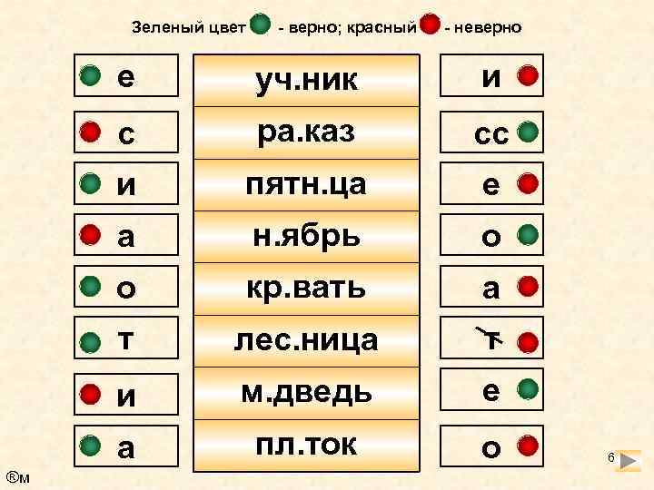 Зеленый цвет - верно; красный - неверно е и с ра. каз сс и