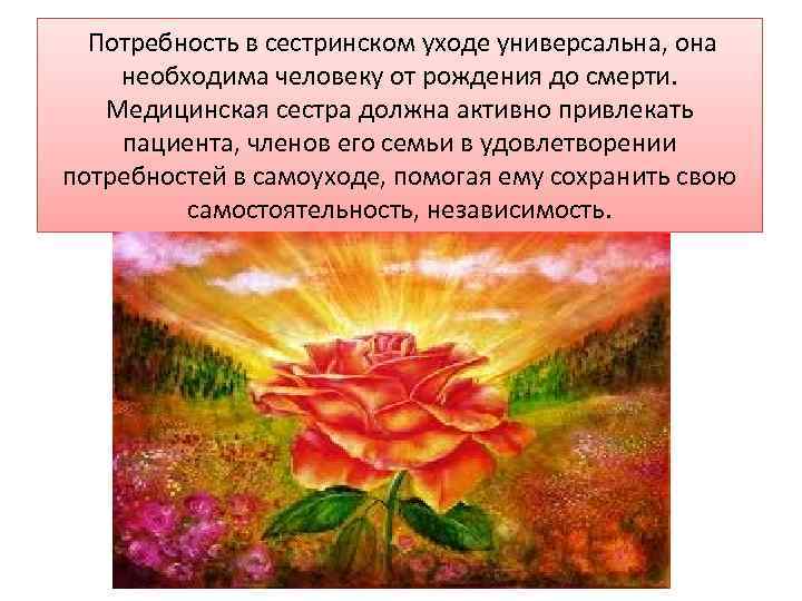  Потребность в сестринском уходе универсальна, она необходима человеку от рождения до смерти. Медицинская
