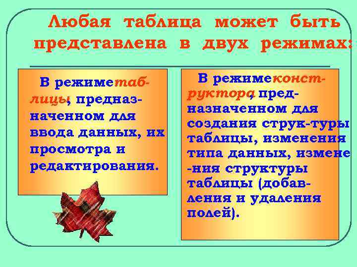 Любая таблица может быть представлена в двух режимах: В режиметаблицы предназ, наченном для ввода
