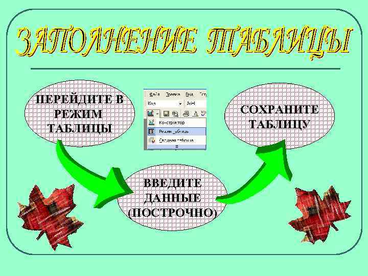 ПЕРЕЙДИТЕ В РЕЖИМ ТАБЛИЦЫ СОХРАНИТЕ ТАБЛИЦУ ВВЕДИТЕ ДАННЫЕ (ПОСТРОЧНО) 