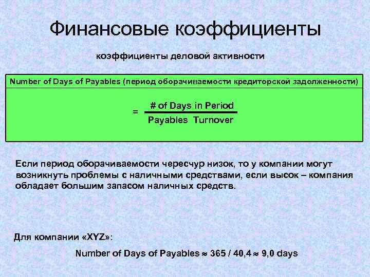 Финансовые коэффициенты деловой активности Number of Days of Payables (период оборачиваемости кредиторской задолженности) =