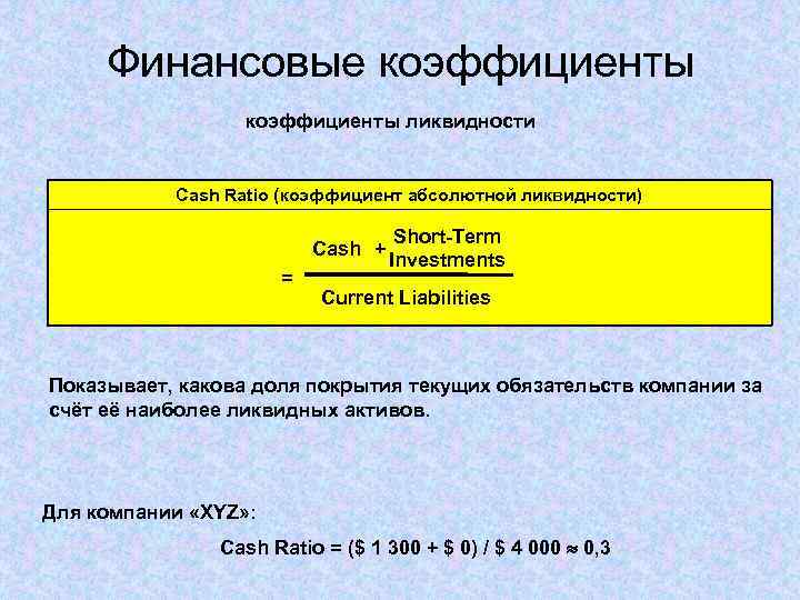 Финансовые коэффициенты ликвидности Cash Ratio (коэффициент абсолютной ликвидности) Cash + = Short-Term Investments Current