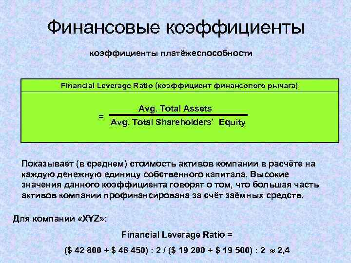 Финансовые коэффициенты платёжеспособности Financial Leverage Ratio (коэффициент финансового рычага) = Avg. Total Assets Avg.