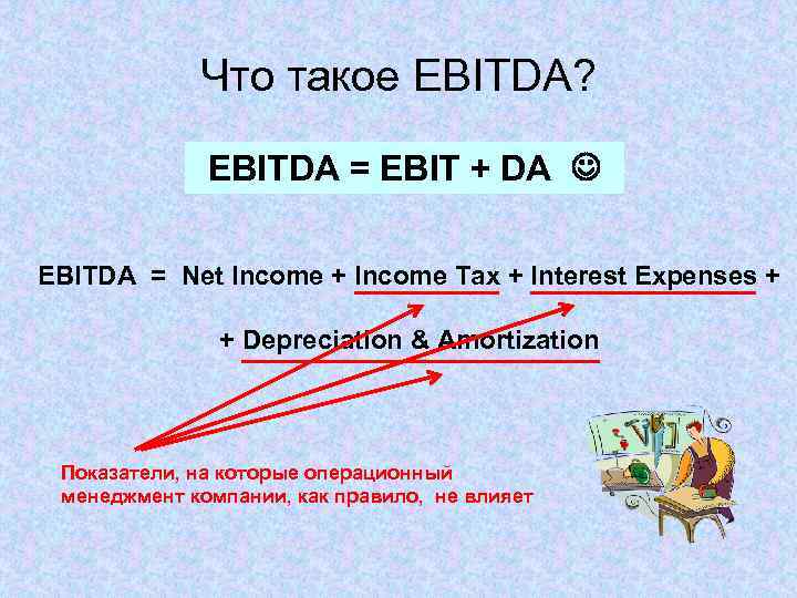 Что такое EBITDA? EBITDA = EBIT + DA EBITDA = Net Income + Income