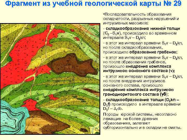 Фрагмент из учебной геологической карты № 29 . • Последовательность образования складчатости, разрывных нарушений