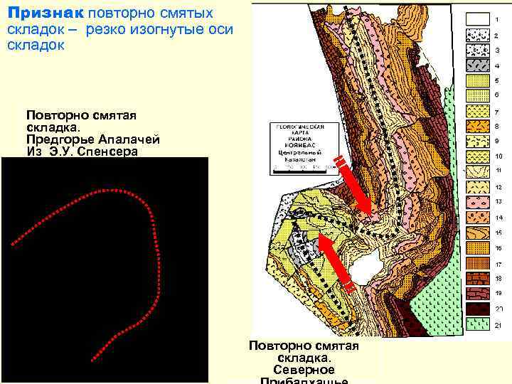 Признак повторно смятых складок – резко изогнутые оси складок Повторно смятая складка. Предгорье Апалачей