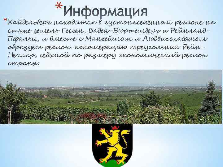 *Хайдельберг * находится в густонаселённом регионе на стыке земель Гессен, Баден-Вюртемберг и Рейнланд. Пфальц,