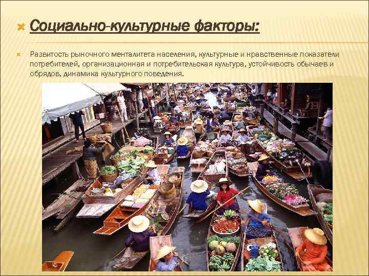  Социально-культурные факторы: Развитость рыночного менталитета населения, культурные и нравственные показатели потребителей, организационная и