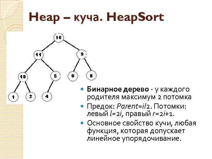 Heap – куча. Heap. Sort Бинарное дерево - у каждого родителя максимум 2 потомка