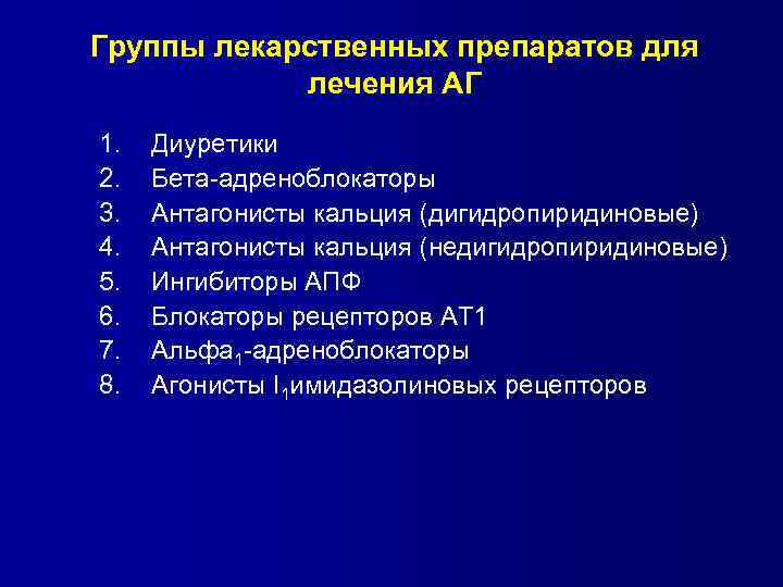 Группы лекарственных препаратов для лечения АГ 1. 2. 3. 4. 5. 6. 7. 8.