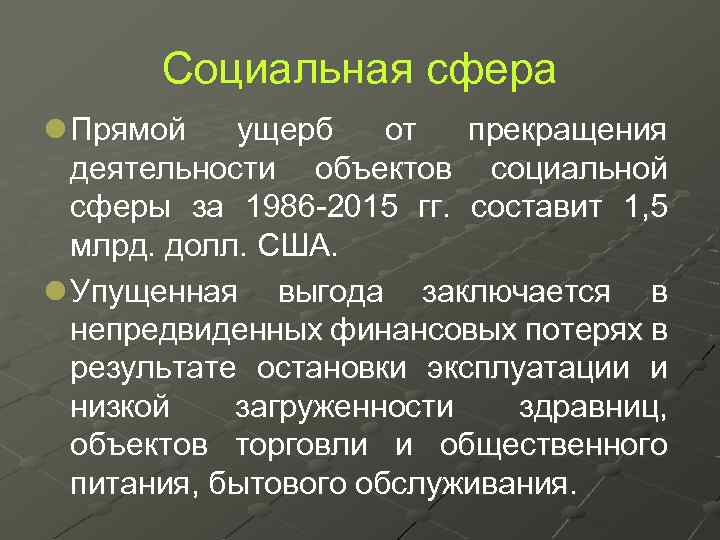 Социальная сфера l Прямой ущерб от прекращения деятельности объектов социальной сферы за 1986 -2015