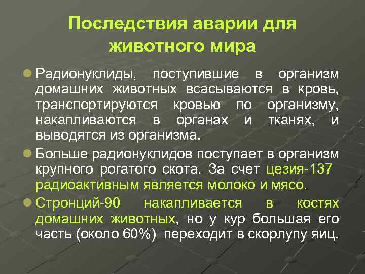 Последствия аварии для животного мира l Радионуклиды, поступившие в организм домашних животных всасываются в