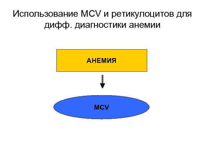 Использование MCV и ретикулоцитов для дифф. диагностики анемии АНЕМИЯ MCV 