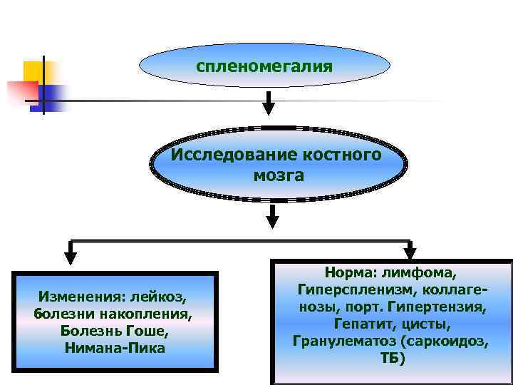 спленомегалия Исследование костного мозга Изменения: лейкоз, болезни накопления, Болезнь Гоше, Нимана-Пика Норма: лимфома, Гиперспленизм,