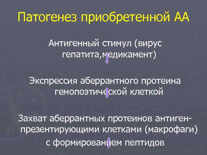 Патогенез приобретенной АА Антигенный стимул (вирус гепатита, медикамент) Экспрессия аберрантного протеина гемопоэтической клеткой Захват