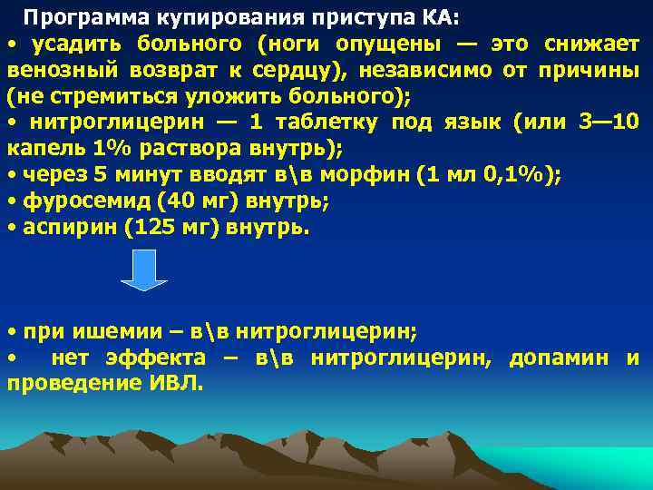 Программа купирования приступа КА: • усадить больного (ноги опущены — это снижает венозный возврат