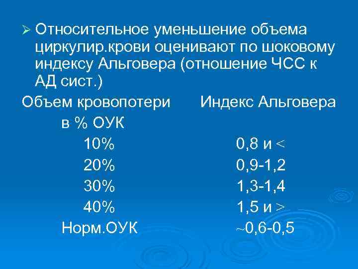 Ø Относительное уменьшение объема циркулир. крови оценивают по шоковому индексу Альговера (отношение ЧСС к
