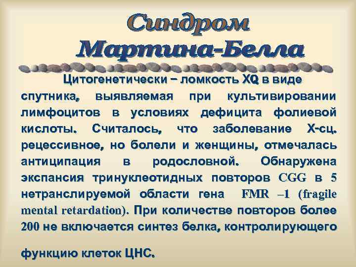 Цитогенетически – ломкость Хq в виде спутника, выявляемая при культивировании лимфоцитов в условиях дефицита