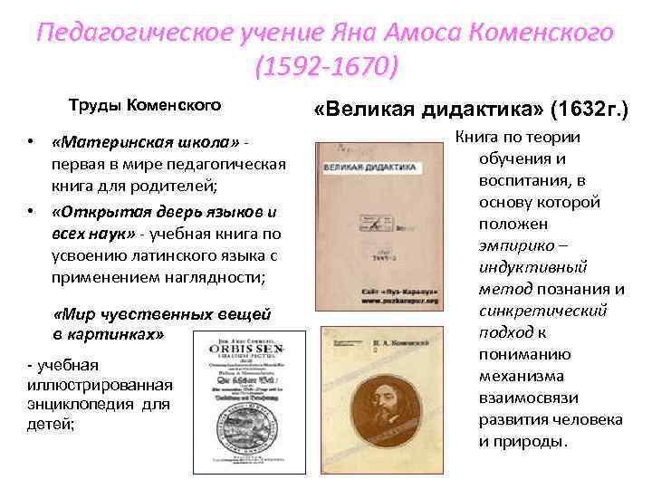 Педагогическое учение Яна Амоса Коменского (1592 -1670) Труды Коменского • «Материнская школа» - первая