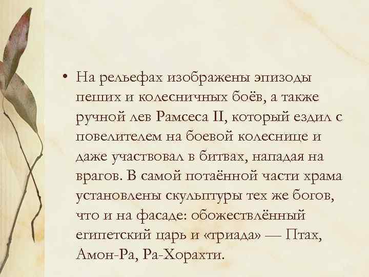  • На рельефах изображены эпизоды пеших и колесничных боёв, а также ручной лев