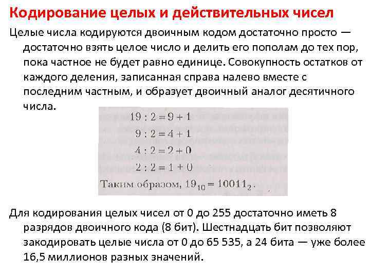 Кодирование целых и действительных чисел Целые числа кодируются двоичным кодом достаточно просто — достаточно