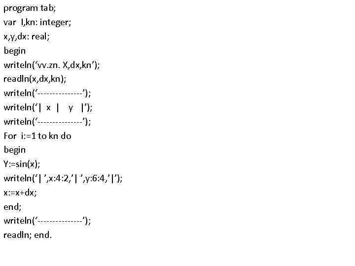 program tab; var I, kn: integer; x, y, dx: real; begin writeln(‘vv. zn. X,
