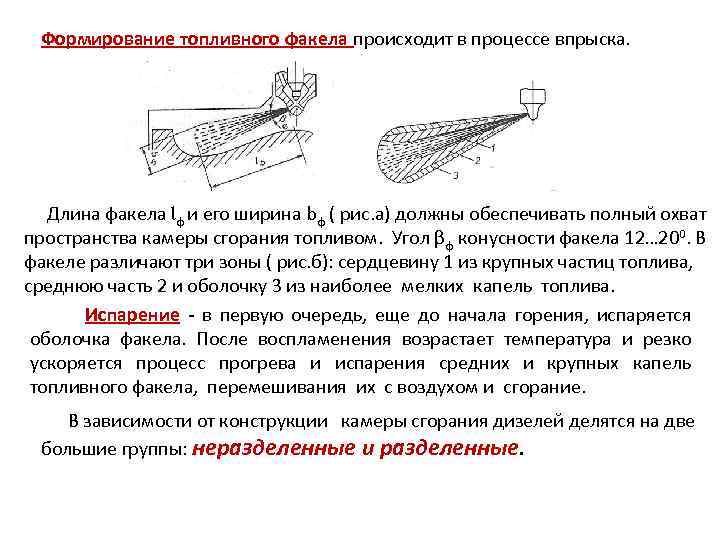 Формирование топливного факела происходит в процессе впрыска. Длина факела Ɩф и его ширина bф