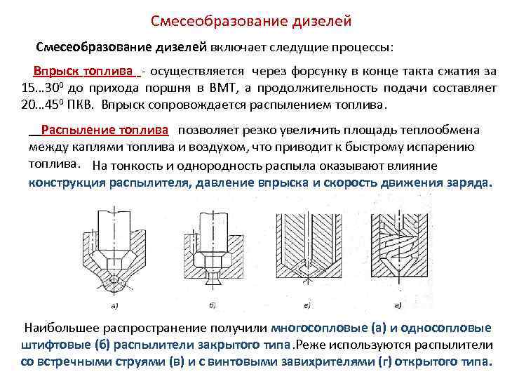 Смесеобразование дизелей включает следущие процессы: Впрыск топлива - осуществляется через форсунку в конце такта