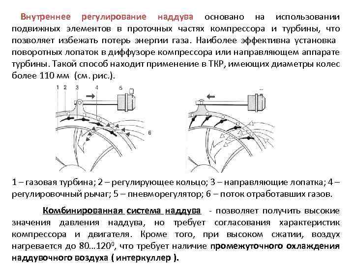 Внутреннее регулирование наддува основано на использовании подвижных элементов в проточных частях компрессора и турбины,