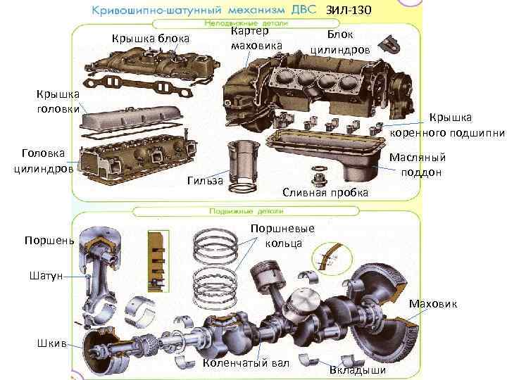 ЗИЛ-130 Картер маховика Крышка блока Блок цилиндров Крышка головки Головка цилиндров Поршень Крышка коренного