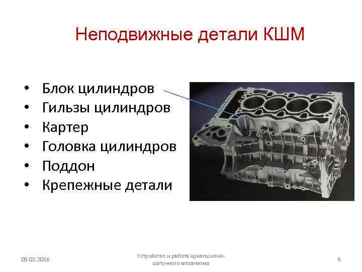 Неподвижные детали КШМ • • • Блок цилиндров Гильзы цилиндров Картер Головка цилиндров Поддон