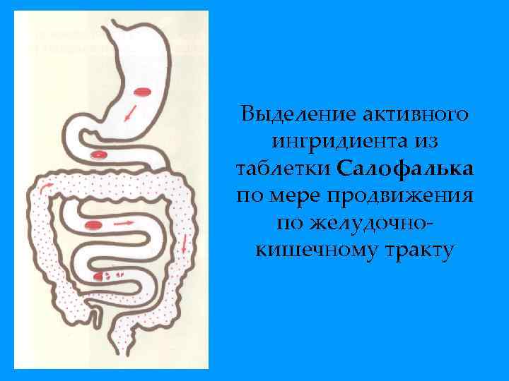 Выделение активного ингридиента из таблетки Салофалька по мере продвижения по желудочнокишечному тракту 