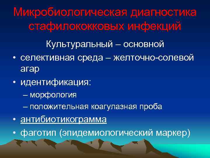 Микробиологическая диагностика стафилококковых инфекций Культуральный – основной • селективная среда – желточно-солевой агар •