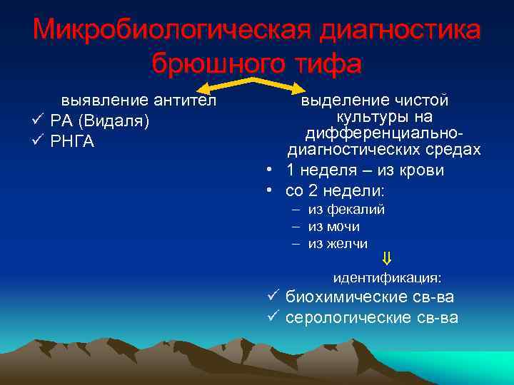 Микробиологическая диагностика брюшного тифа выявление антител ü РА (Видаля) ü РНГА выделение чистой культуры