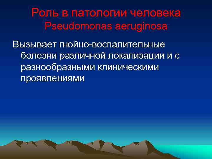 Роль в патологии человека Pseudomonas aeruginosa Вызывает гнойно-воспалительные болезни различной локализации и с разнообразными