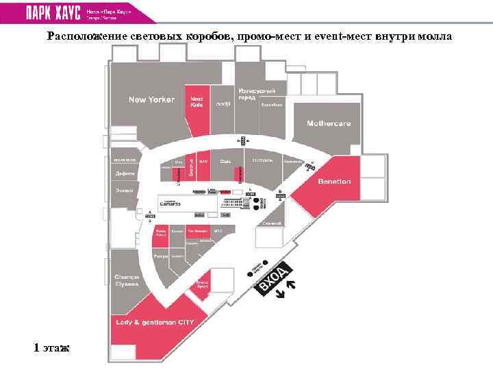 Расположение световых коробов, промо-мест и event-мест внутри молла 1 этаж 
