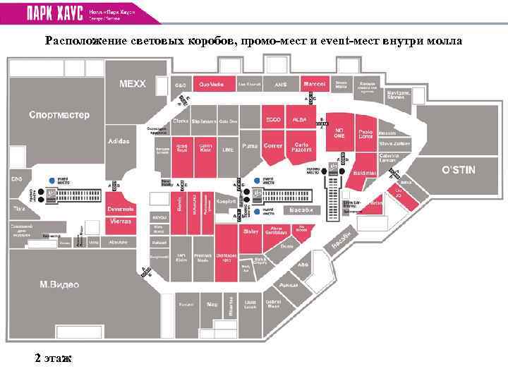 Расположение световых коробов, промо-мест и event-мест внутри молла 2 этаж 