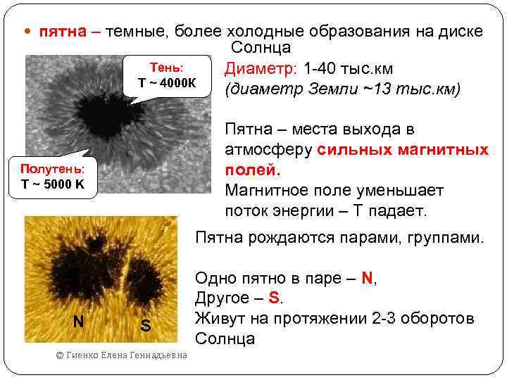  пятна – темные, более холодные образования на диске Тень: T ~ 4000 К