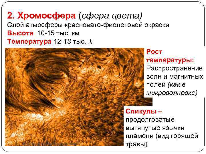 2. Хромосфера (сфера цвета) Слой атмосферы красновато-фиолетовой окраски Высота 10 -15 тыс. км Температура