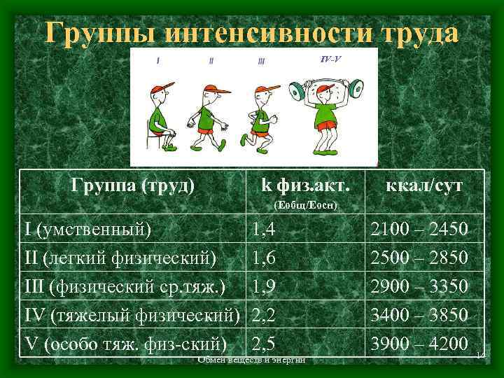 Группы интенсивности труда IV-V Группа (труд) k физ. акт. ккал/сут (Еобщ/Еосн) I (умственный) II