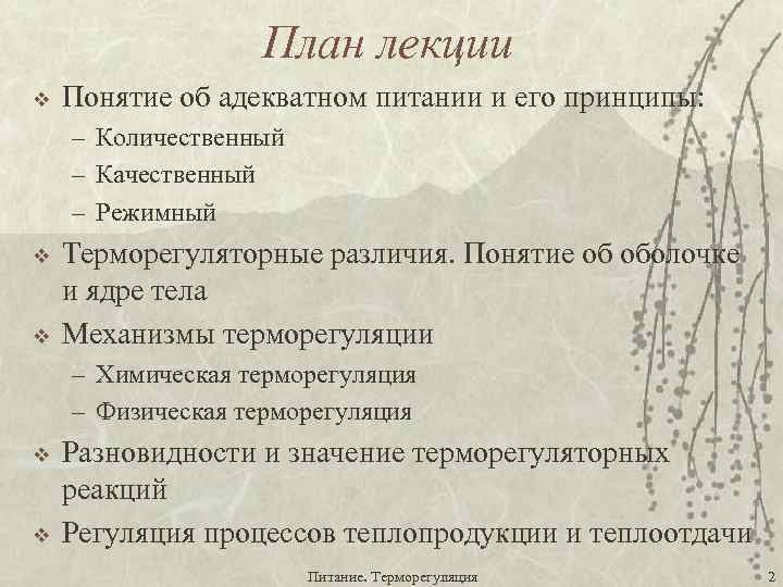 План лекции v Понятие об адекватном питании и его принципы: – Количественный – Качественный