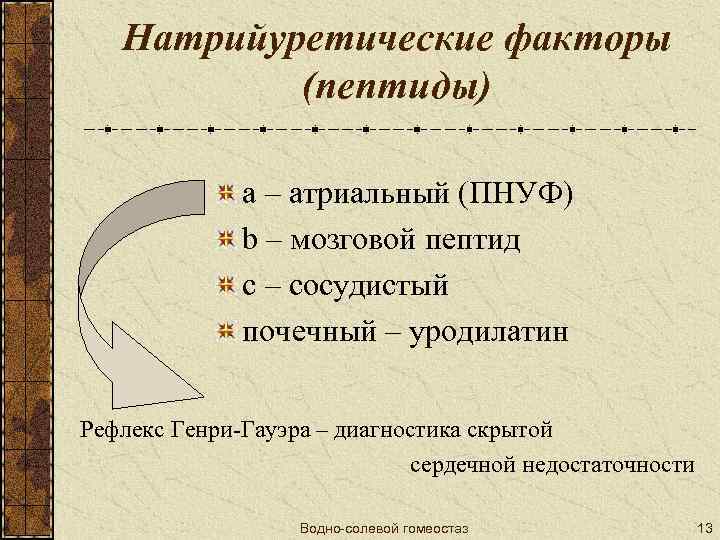 Натрийуретические факторы (пептиды) a – атриальный (ПНУФ) b – мозговой пептид c – сосудистый