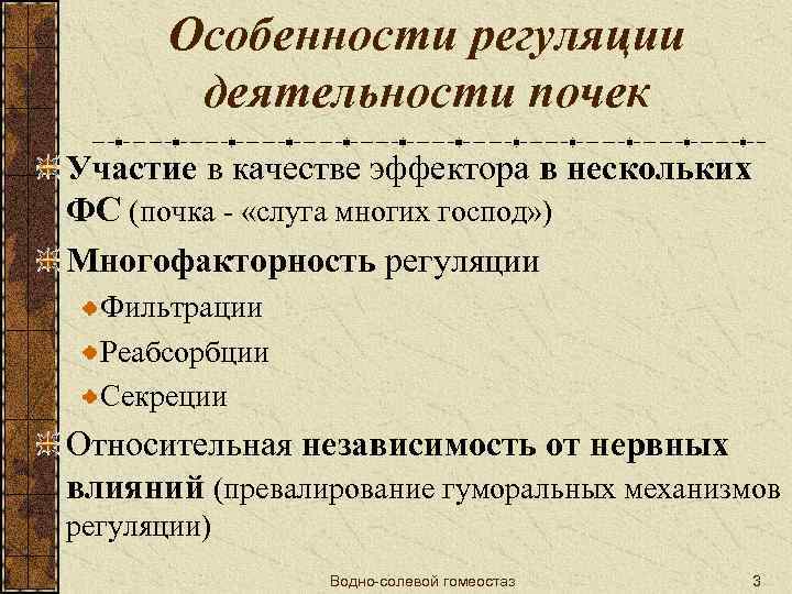 Особенности регуляции деятельности почек Участие в качестве эффектора в нескольких ФС (почка - «слуга