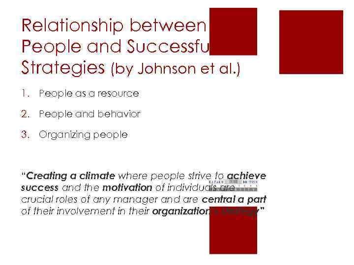 Relationship between People and Successful Strategies (by Johnson et al. ) 1. People as