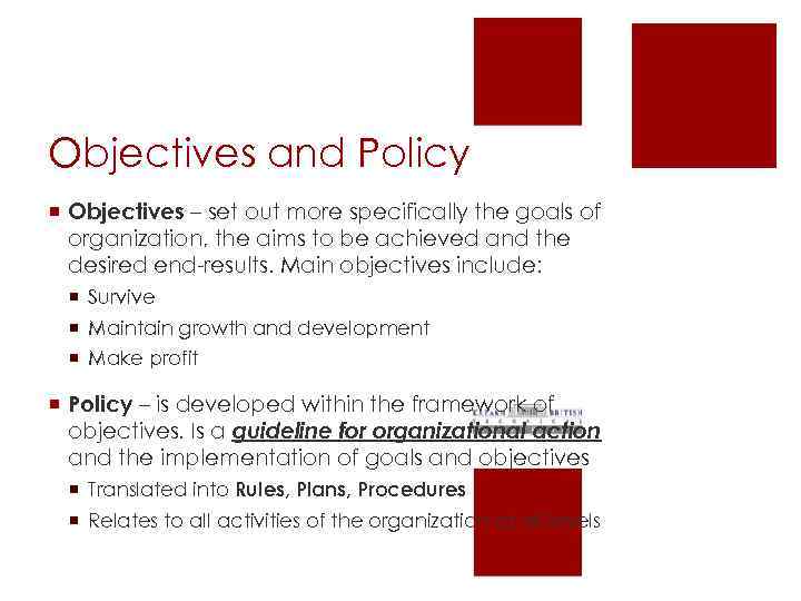 Objectives and Policy ¡ Objectives – set out more specifically the goals of organization,