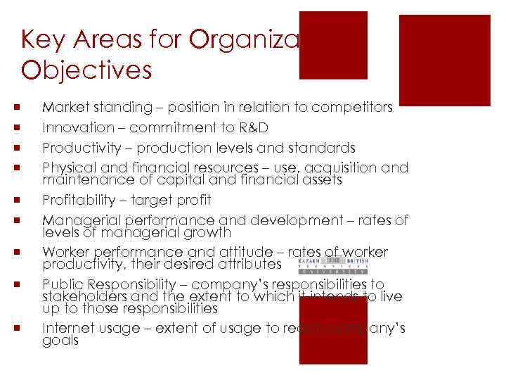 Key Areas for Organizational Objectives ¡ ¡ ¡ ¡ ¡ Market standing – position