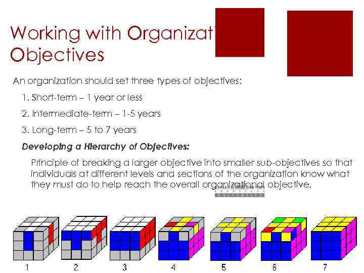 Working with Organizational Objectives An organization should set three types of objectives: 1. Short-term