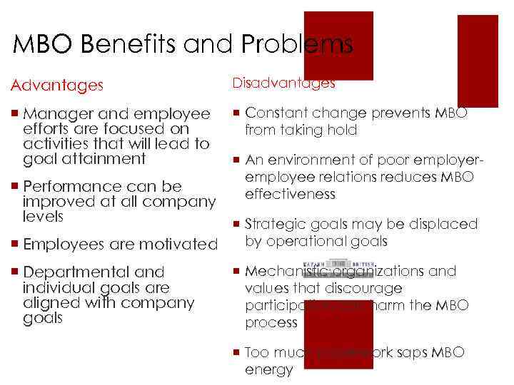 MBO Benefits and Problems Advantages Disadvantages ¡ Manager andof MBO Benefits employee efforts are